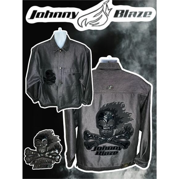 Johnny Blaze Method Man Jean Jacket Flame Skull Black Size XL Vintage Y2K - Picture 1 of 16